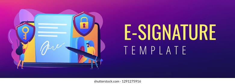 Businessman putting electronic signature on document, security shields. Electronic signature, e-signature template, e-sign consent agreement concept. Header or footer banner template with copy space.