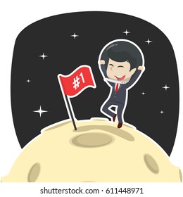 businessman is putting flag on moon