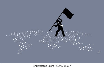 A businessman putting a flag and standing on top of Europe of a world map. Vector artwork illustration depicts the concept of business expansion, domination, and conquer.