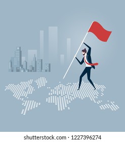 Businessman putting a flag and standing on top of a world map. Business concept vector