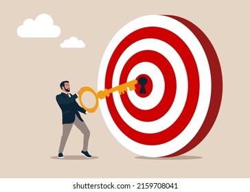 Businessman putting golden key into bullseye target key hold to unlock business success. Key to success and achieve business target, career achievement or secret for success in work concept.