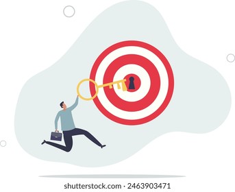 businessman putting golden key into bullseye target key hold to unlock business success.flat vector illustration.