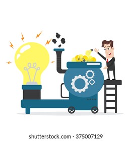 Businessman putting lots of idea bulbs into machine