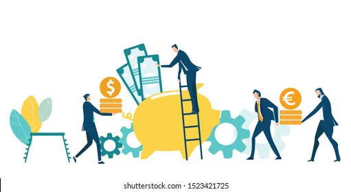 Businessman putting money into a money pig. Future needs, loan, education or mortgage credit, savings, financial risk and safety concept. Making money. 