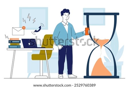 Businessman putting off work. Business man with hourglass. Time management and procrastination. Lazy employee in office. Linear vector illustration isolated on white background