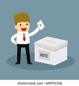 Businessman putting Paper in the ballot box. Ballot Box Person Casting Vote. Vector illustration.