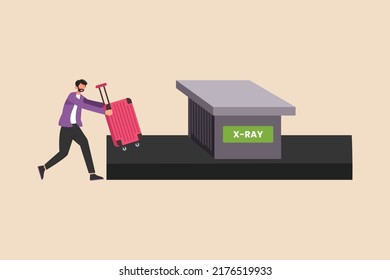 Businessman putting and scanning his luggage at airport security checkpoint. Airport activity concept. Flat vector illustration isolated. 