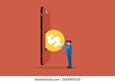 Businessman putting US dollar coin in a mobile phone. Concept of Send mobile recharge online, Mobile top-up, Recharge, and Refill