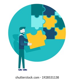 Businessman with puzzle - concept for teamwork, cooperation, business stategy. Vector illustration