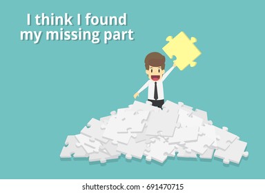 Businessman with puzzle piece. Searching last part of jigsaw puzzle.Business cartoon happiness of success concept is man character.Businessman emotions moving include icon of man.Vector Illustration