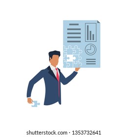 businessman with puzzle pieces in shape document statistic