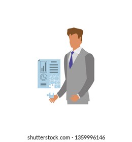 businessman with puzzle pieces in shape document statistic