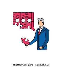businessman with puzzle pieces in shape speech bubble