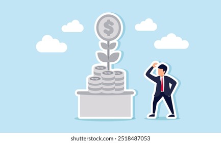 Un hombre de negocios desconcertado por una estatua de una planta de monedas, ilustrando los ingresos de una empresa que parecen estancados debido a activos improductivos