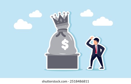 A businessman puzzled by a crowned money bag statue, illustrating an entrepreneur’s wealth seeming stagnant due to unproductive assets