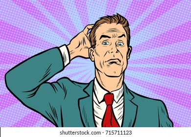 Businessman puzzled and confused. Pop art retro vector illustration