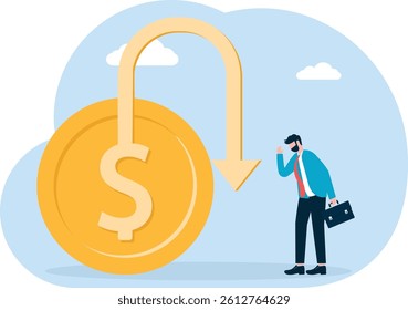 Businessman puzzledly looking at falling dollar signs with arrows


