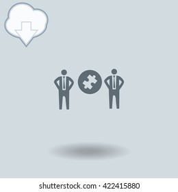 Businessman with puzzles icon with shadow. Cloud of download with arrow.