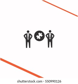 Businessman with puzzles vector grey icon on white background. Businessman with puzzles symbol stock   illustration. Business picture.