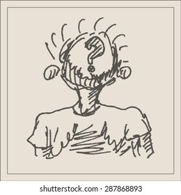 Businessman with question in  head, in engraving etching sketch hand drawing style, for  business brainstorming design
