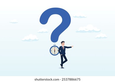 Businessman with question mark compass guidance for answer, open ended question, asking questions to encourage new idea, guidance for solution or solving problem, decision to reply or answer concept