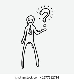 Empresario con signo de interrogación. Icono del vector Doodle. Dibujo de la ilustración de la caricatura dibujada a mano.