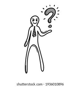 Empresario con signo de interrogación. Icono del vector Doodle. Dibujo de la ilustración de la caricatura dibujada a mano.