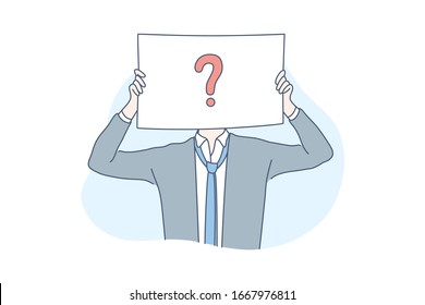 Businessman with question mark. Not identified office clerk, male, unknown user, person, character, incognito. Business secrecy and obscurity. Free vacancy, hr management. Simple flat vector