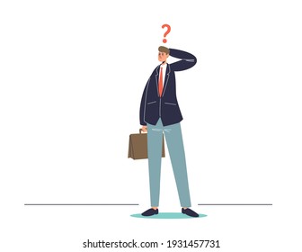 Businessman with question mark pondering on business problem solution or strategy concept for future development. Confused cartoon business man. Flat vector illustration