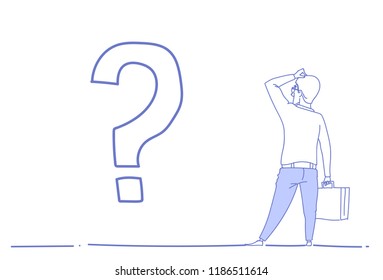 Businessman question mark pondering problem concept future business direction strategy sketch doodle horizontal vector illustration