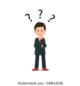 Businessman with question mark pondering problem isolated on white background, business people concept flat Vector Illustration