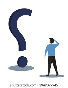 Businessman with question mark sign.Man confused thinking with sign illustration. Answer to question metaphor. Character, vector, illustration.