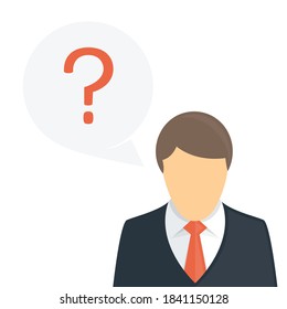 Empresario con signo de interrogación pensando en burbuja. Ilustración de un hombre pensante. EPS vectorial 10.