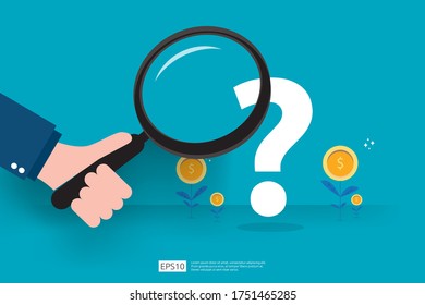 ilustración vectorial de marca de interrogación y empresario. Dilema empresarial, decisión, desafío y concepto de visión de soluciones.