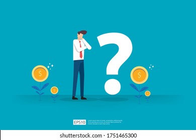 businessman and question mark vector illustration. Business dilemma, decision, challenge and solution vision concept.