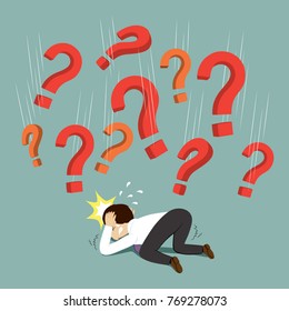 Businessman with question marks falling around, illustration vector cartoon