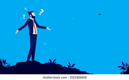 Empresario con signos de interrogación - Hombre parado con los brazos afuera cuestionando algo. Copiar espacio para texto. Ilustración vectorial.