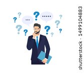 Businessman With question marks. Man with question.  Vector male character solving problem. Dilemma of businessman