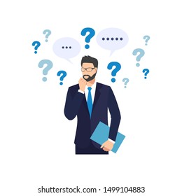 Businessman With question marks. Man with question.  Vector male character solving problem. Dilemma of businessman