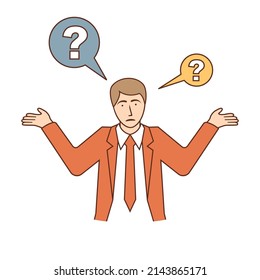 Businessman with of question marks over your head. Human in front of whom the big problems and solution issues. Vector illustration flat line design. Isolated on white background.