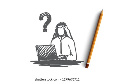 Businessman, question, muslim, arab, islam, problem concept. Hand drawn muslim businessman thinking about problem concept sketch. Isolated vector illustration.