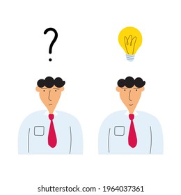 Businessman with question and with new idea. Hand drawn illustration on white background. 