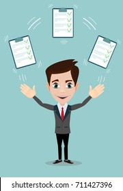 Businessman with a questionnaire with green tick . Flat design clip board and check marks. Stock vector illustration.