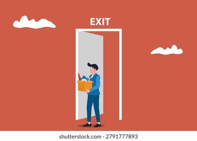 Businessman quit job with stuff. concept of resignation or end career, change job leaving company, employee termination, unemployment or burnout dissatisfaction exit layoff