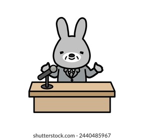 Businessman rabbit character giving a speech on stage.