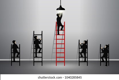 businessman race walking up on staircase go to lamp. destination, victory  to success concept with idea light bulb. leadership concept. Ladder to success business. vector illustration