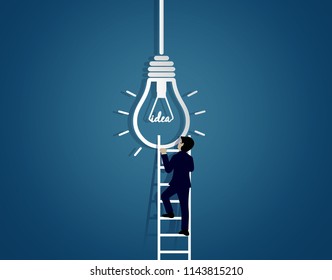 businessman race walking up on staircase go to lamp. destination, victory  to business success concept with idea light bulb. leadership. creative. on background blue. vector illustration