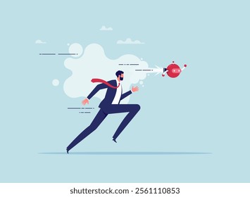 Businessman racing against a robot, depiction of human ingenuity challenging technological advancement. Innovation, competition, and the quest for excellence in modern business