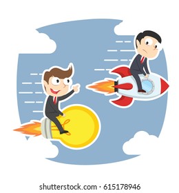 businessman racing with idea and rocket
