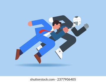 Businessman racing, Man in suit and robot running a race. Artifical intelligence, singularity concept. Flat vector illustration.